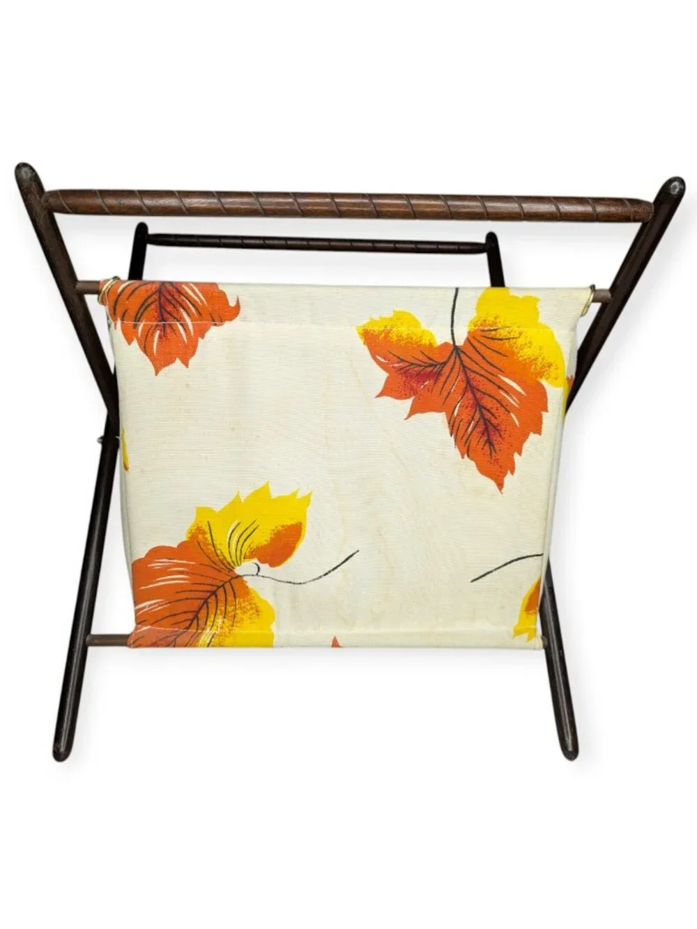 Mid-Century Leaf Print Fabric Knitting Basket Fall Autumn Wood Freestanding
